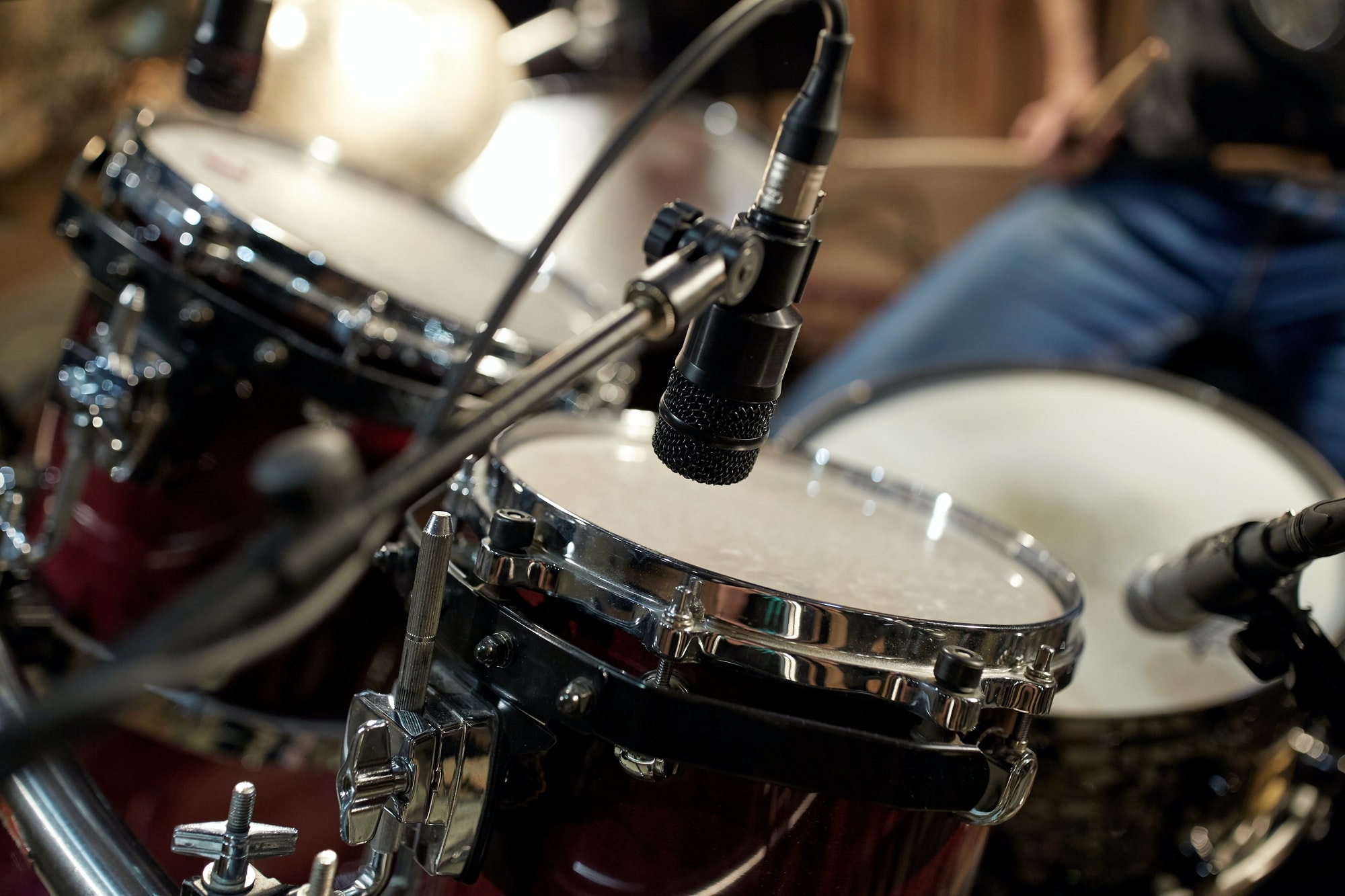 drums and microphone at music studio