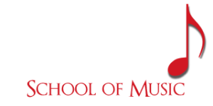 Logo for East Orlando School of Music, with the name in red text and a large red musical note on the right. The background is light gray, and “East Orlando” appears faintly in white behind the main text.