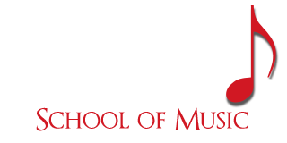 Logo for East Orlando School of Music, with the name in red text and a large red musical note on the right. The background is light gray, and “East Orlando” appears faintly in white behind the main text.