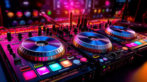 A close-up of a colorful DJ mixing console with glowing buttons and turntables, set in a vibrant, neon-lit environment with blurred screens in the background—an immersive scene reminiscent of the dynamic atmosphere at the East Orlando School of Music.