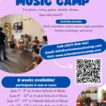 Orlando Music Camp flyer with images of kids playing instruments and group music lessons. Details include dates, locations, contact info, a QR code, and a banner about 6 available weeks at Avalon and Oviedo School of Music.