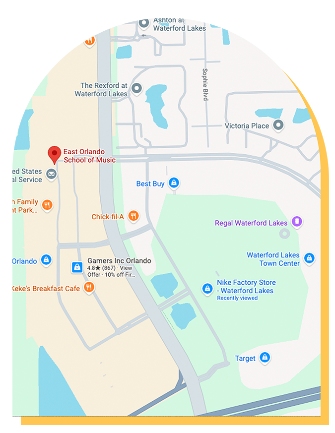 A map showing the area around East Orlando School of Music, a leading music school, with nearby locations including Chick-fil-A, Best Buy, Target, and Waterford Lakes Town Center. Various streets and landmarks are labeled.